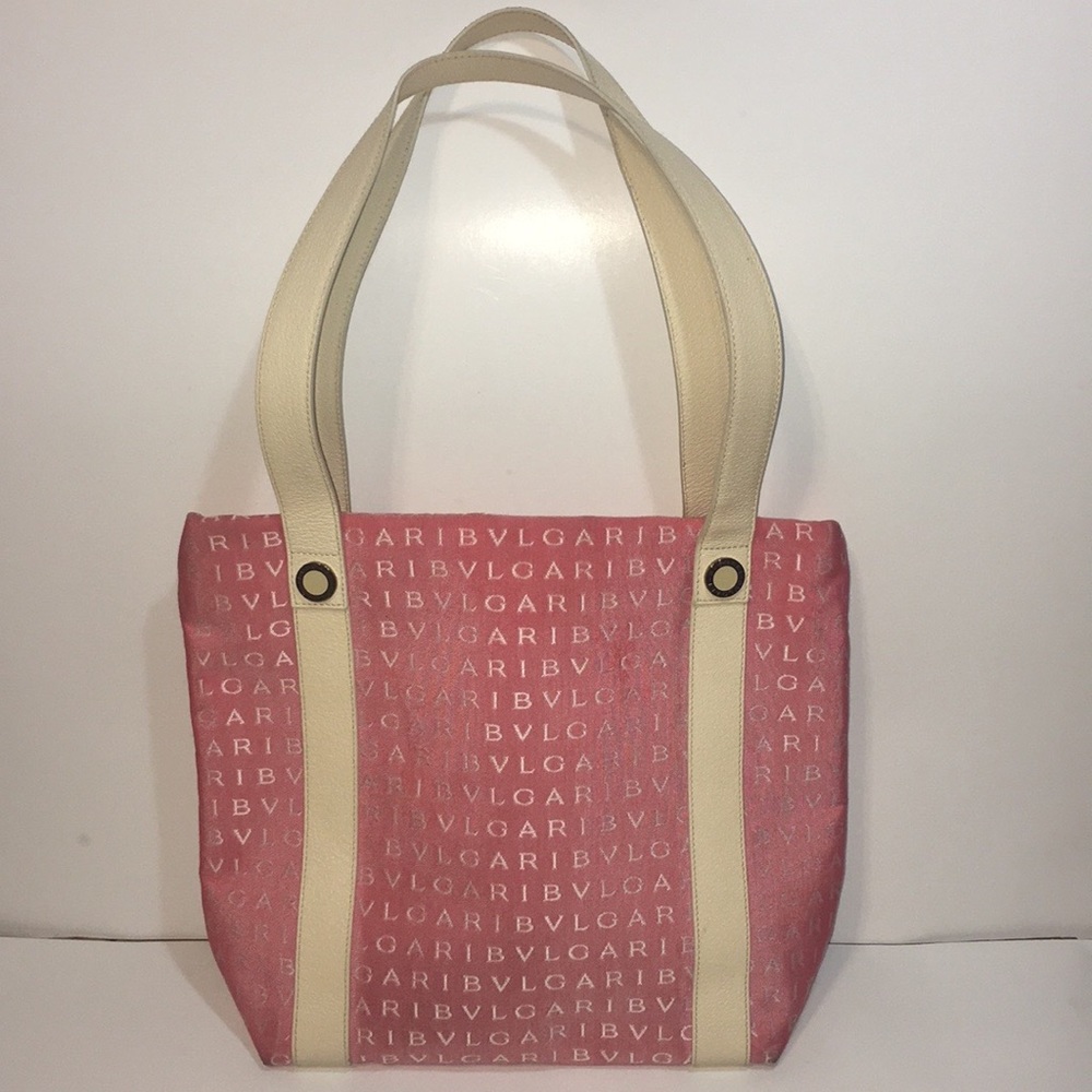 BVLGARI Tote Logo Salmon Canvas Leather Handles